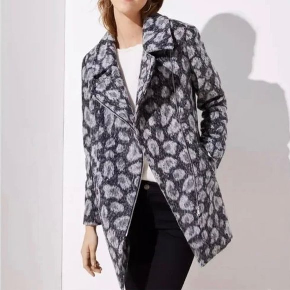LOFT Womens Gray Leopard Spotted Moto Coat Asymmetric Zip Wool Blend size XS - Picture 1 of 16